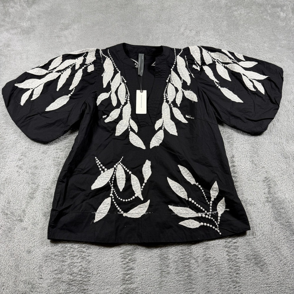 Anthropologie Puff Sleeve Blouse Women XXS Black Embroidered Split Neck NWT